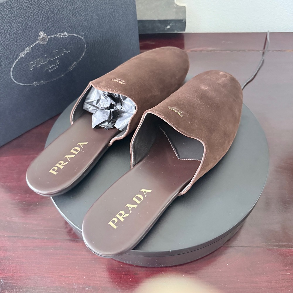 Prada 2S2986 Brown Suede Mules Gold Logo Slip On Loafers Mens Shoes 9.5 - Picture 8 of 11